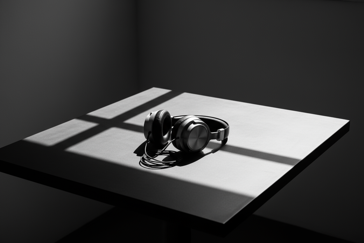 1:1 ratio, headphones on empty table , balck and white theme add sahows