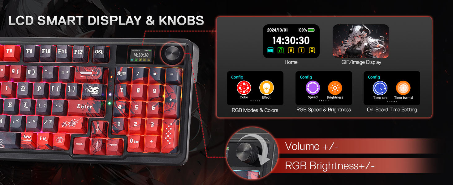 Redragon K719 PRO Wireless Gasket Gaming Hype Screen & Knob, 95 Keys Mechanical Keyboard,Easy-Control 1.14’’ TFT Info Display