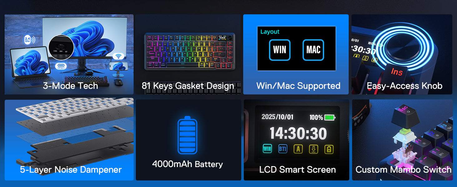Redragon K724 PRO Wireless Gasket Gaming Hype Screen & Knob, 81-Key Mechanical Keyboard,Easy-Control 1.14’’ TFT Info Display