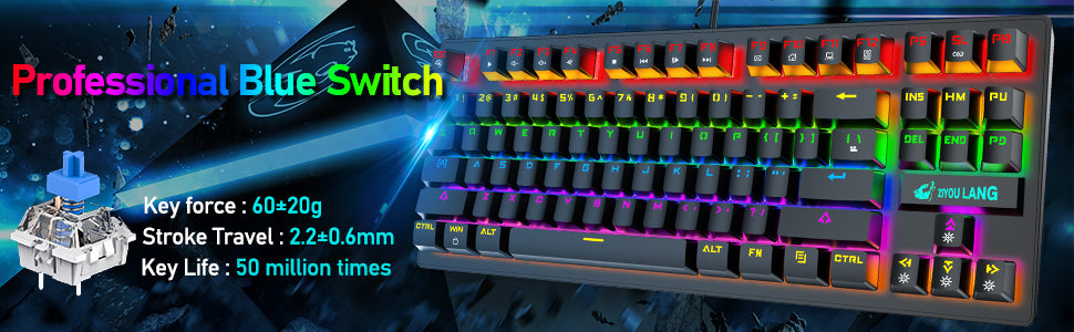 MAMBASNAKE x ZIYOU LANG K2 Wired Mechanical Gaming Keyboard Blue Switch Mini 82 Keys Wired Rainbow LED Backlit Keyboard