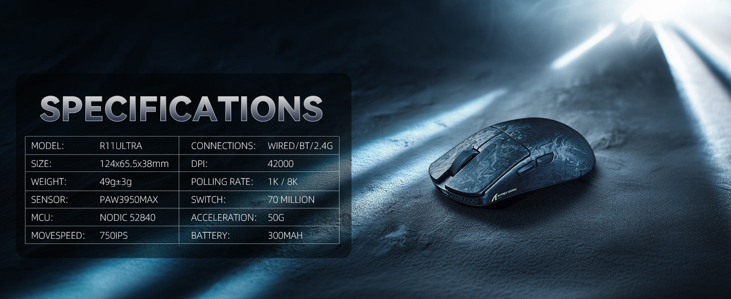 ATTACK SHARK R11 ULTRA Carbon Fiber Wireless Gaming Mouse, 8000Hz 49g 42000DPI, PAW3950MAX Nano-Metal Ice Coating BT/2.4G/USB-C