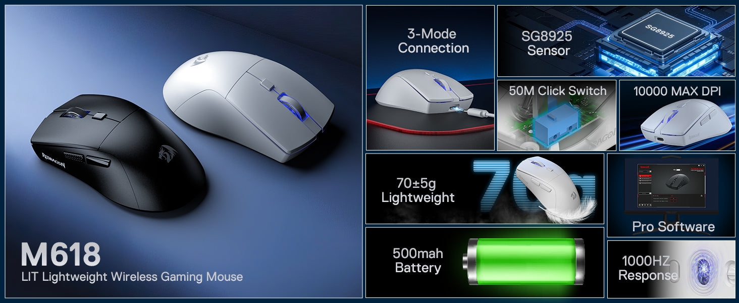 Redragon M618 LIT Wireless Gaming Mouse, 10000 DPI Optical Ergonomic Mouse with 6 Programmable Buttons