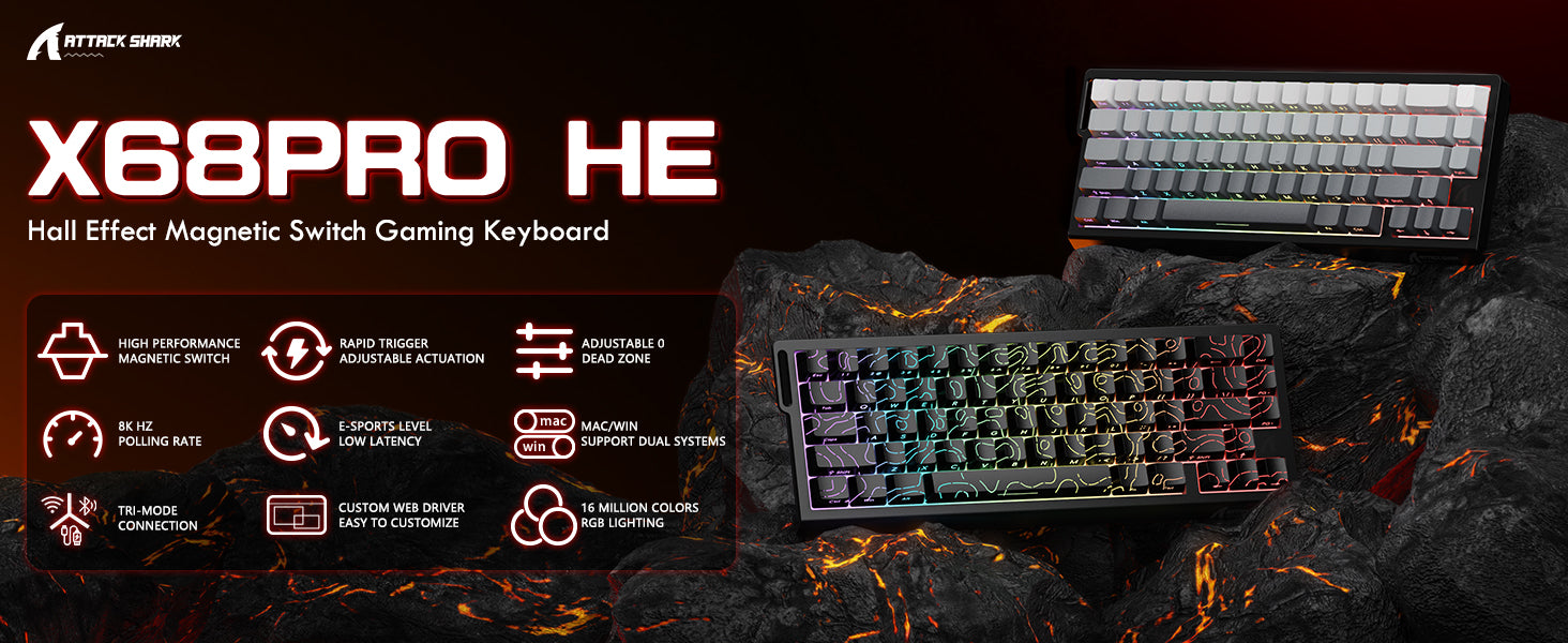 ATTACK SHARK X68PRO HE Wireless Rapid Trigger Gaming Keyboard with Adjustable Actuation,Hot-Swap,RGB Backlit,BT/2.4GHz/Wired