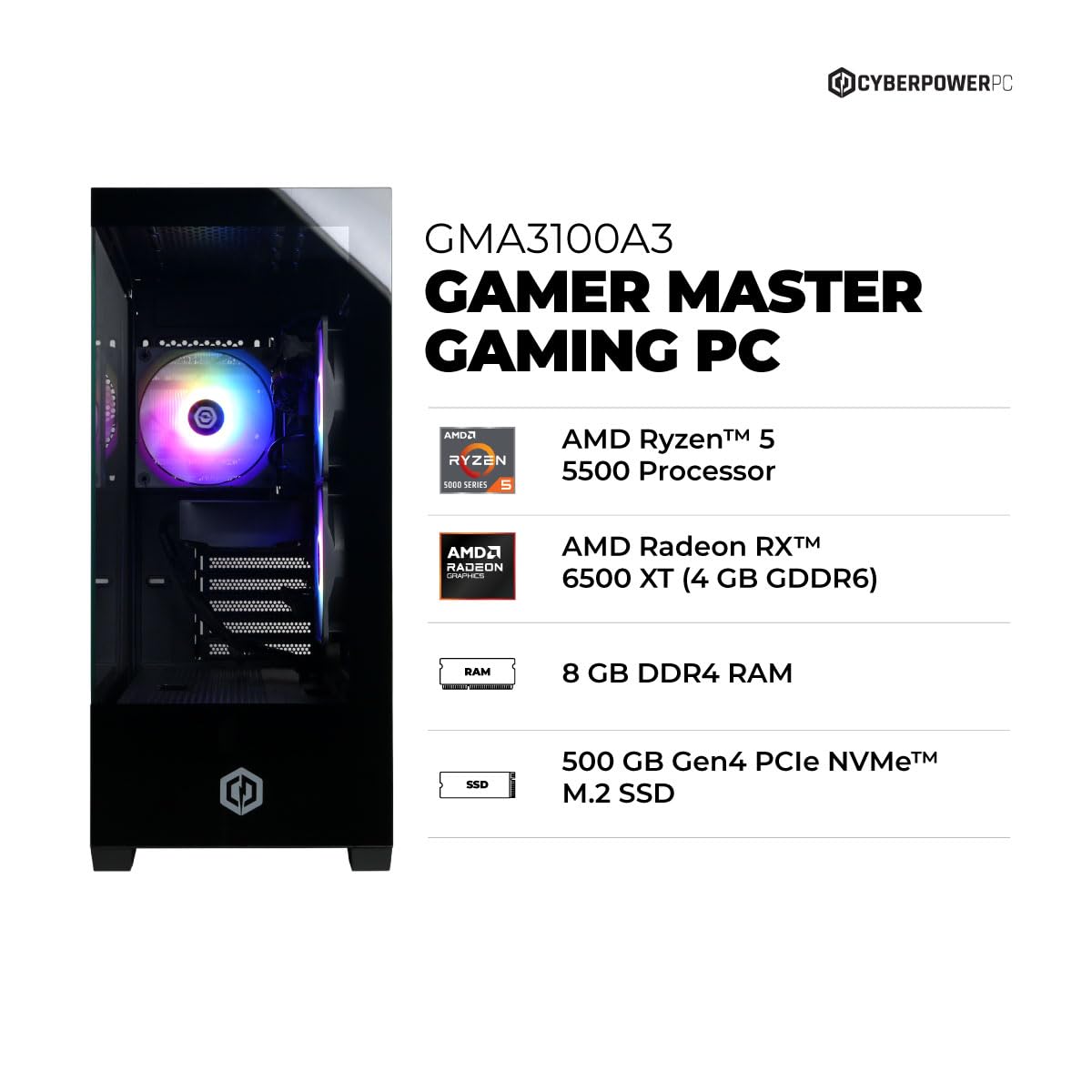 CYBERPOWERPC Gamer Master Gaming PC, AMD Ryzen 5 5500 3.6GHz, Radeon RX 6400 4GB, 16GB DDR4, 500GB PCIe Gen4 SSD, WiFi Ready & Windows 11 Home (GMA3100A)