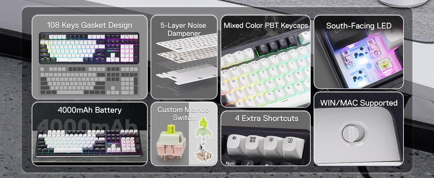 Redragon K745 PRO Wireless Gasket RGB 108 Keys Mechanical Gaming Keyboardw/Extra 4 Hotkeys, Hot-Swap Socket