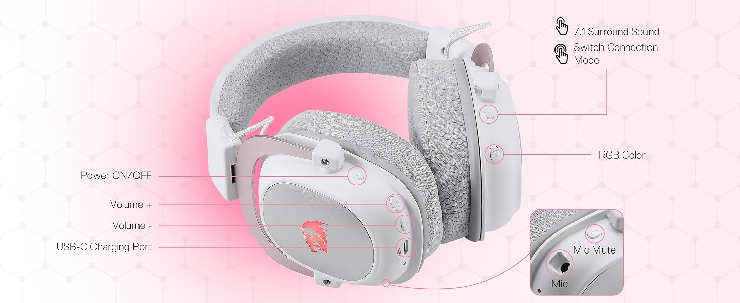 Redragon H510 PRO 3-Mode RGB Gaming 7.1 Surround Sound Headset,53MM Audio Drivers in Memory Foam Ear Pads Headphone