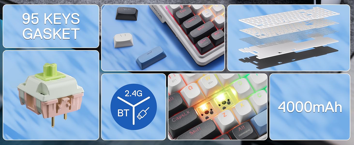 Redragon K719 Wireless Gasket Gaming Keyboard w/Hype Screen & Knob, 95 Keys Mechanical Keyboard, Easy-Control 1.14’’ TFT Info