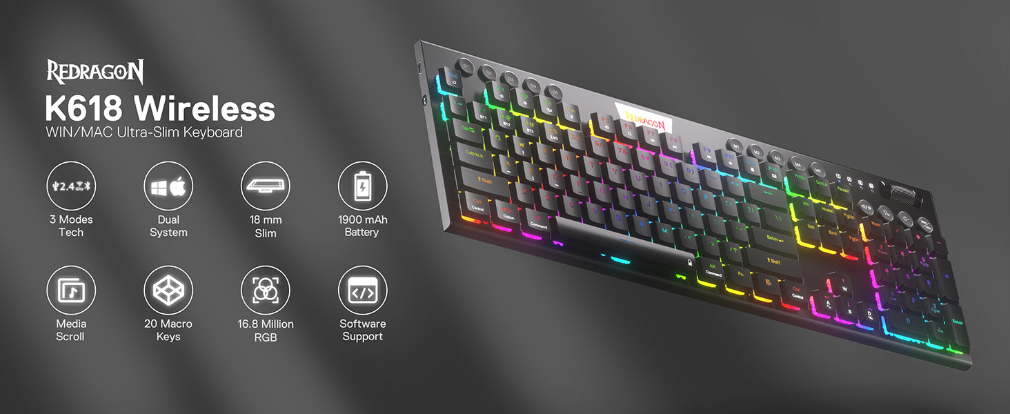 Redragon K618 Horus Wireless RGB Mechanical Keyboard, Bluetooth/2.4Ghz/Wired Tri-Mode Low Profile Gaming Keyboards