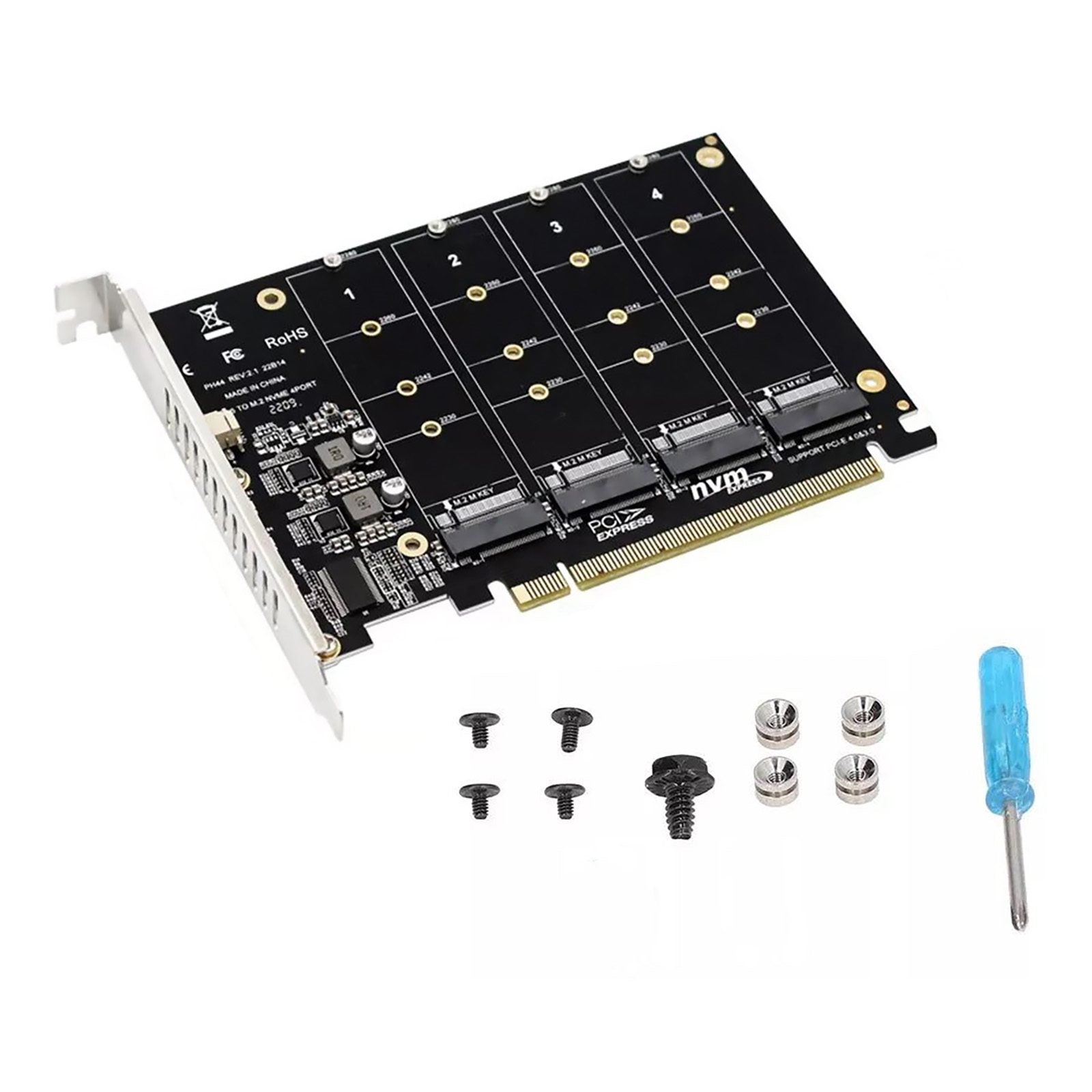 M.2 NVME SSD to PCIE X16 Adapter 4 Port NVMe to PCI-e Host Expansion Card Support 2230/2242/2260/2280