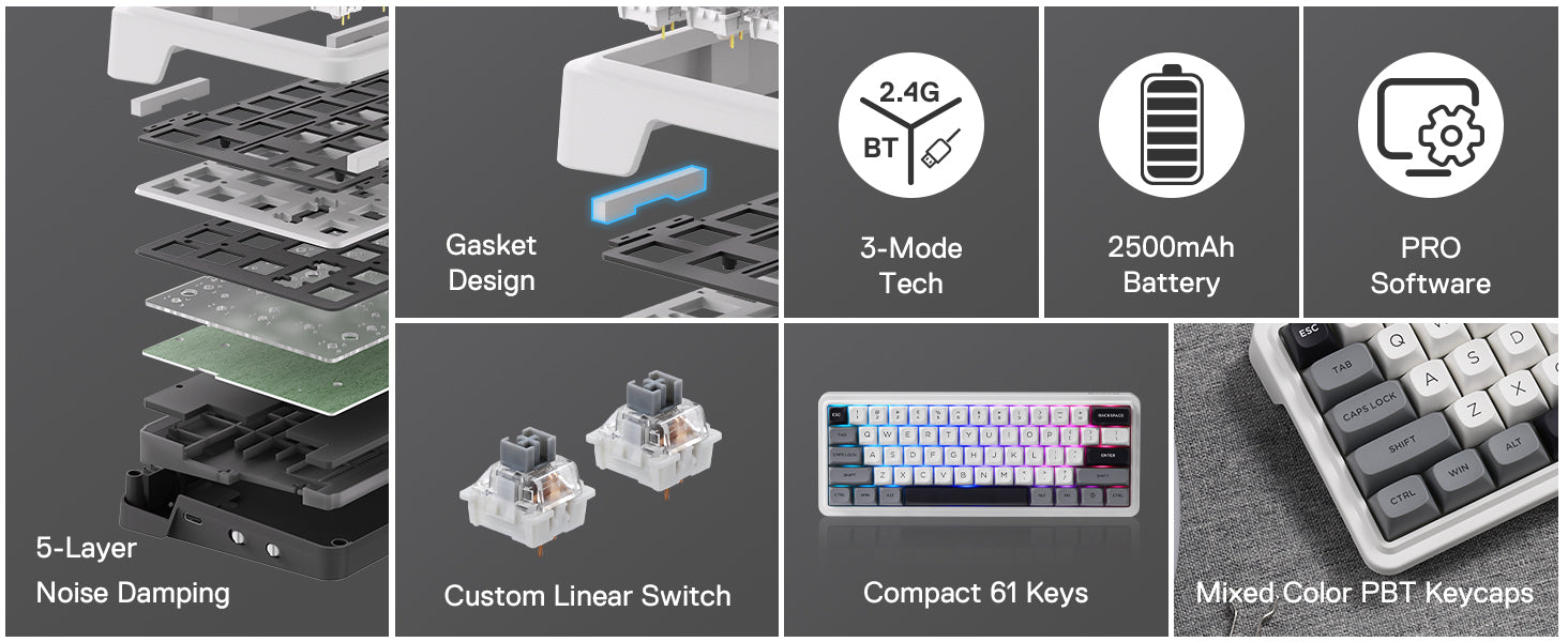 Redragon K722 PRO 60% Wireless Gasket RGB Gaming 61 Keys Hot-Swap Compact Mechanical Free-Mod Socket Keyboard