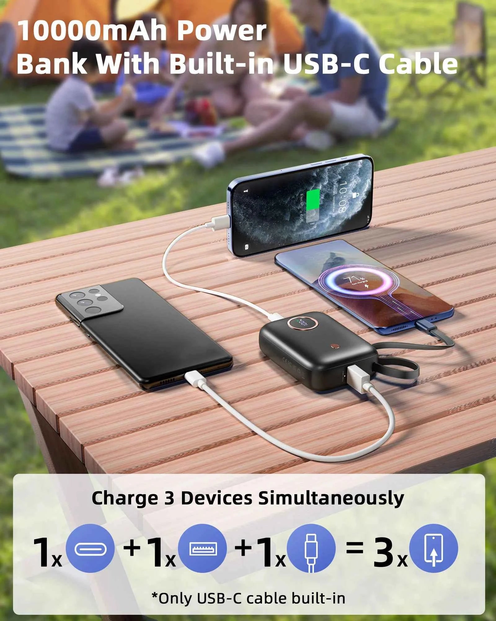 10000mAh Mini Power Bank，Ultra Compact Portable Charger with Built-in Cable，22.5W Fast Charger for iPhone Samsung Android.
