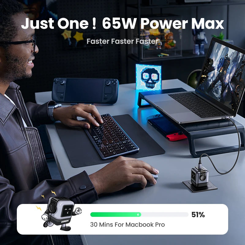 【US Plug】UGREEN 65W 30W GaN Charger Robot Design PD3.0 Fast Charger QC4.0 3.0 PPS for iPhone 17 16 15 Pro Macbook Laptop Table