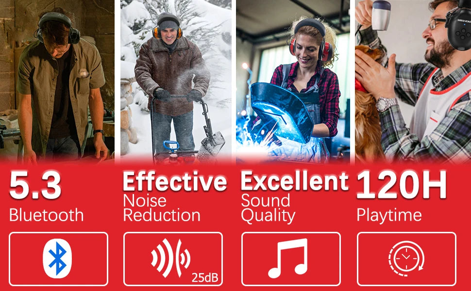 PROHEAR Bluetooth 5.3 Headphones SNR 30dB Hearing Protection Earphone Noise Reduction Safety Ear Muffs 4H Recharg 120H Playtime