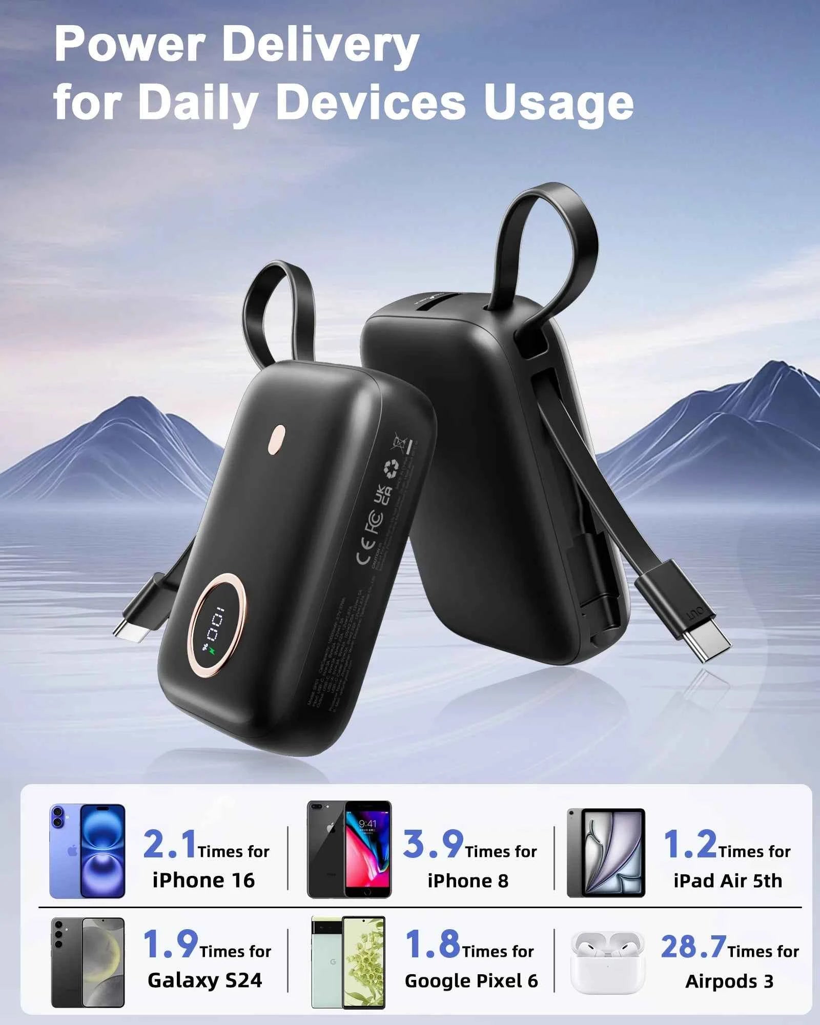 10000mAh Mini Power Bank，Ultra Compact Portable Charger with Built-in Cable，22.5W Fast Charger for iPhone Samsung Android.