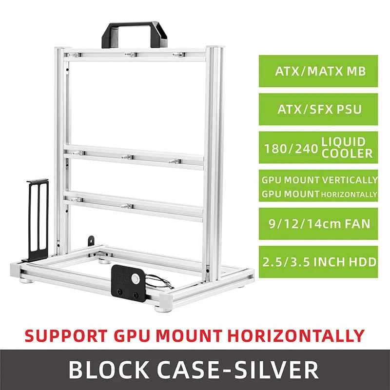 METALFISH BlockCase Aluminum Open Frame Case Support ATX/M-ATX Mainboard GPU Mount Horizontally 240 Water Cooler Gaming Cabinet