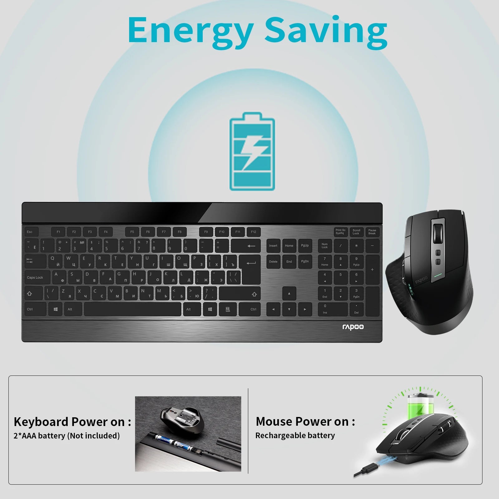 Rapoo 9900M Ultra-Slim Russian Keyboard and Mouse Combo Multi-Mode Bluetooth Wireless Silent Keyboard Rechargeable Laser Mouse