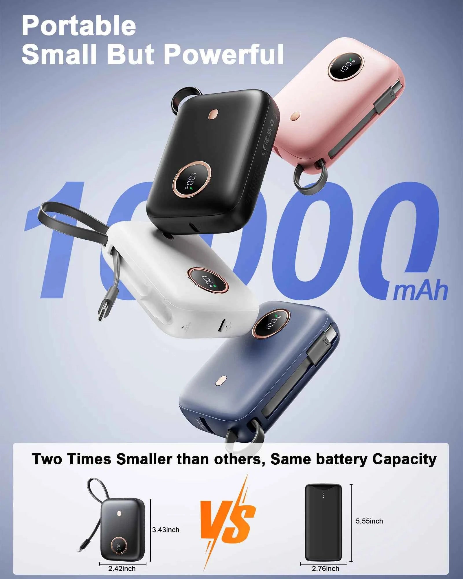 10000mAh Mini Power Bank，Ultra Compact Portable Charger with Built-in Cable，22.5W Fast Charger for iPhone Samsung Android.