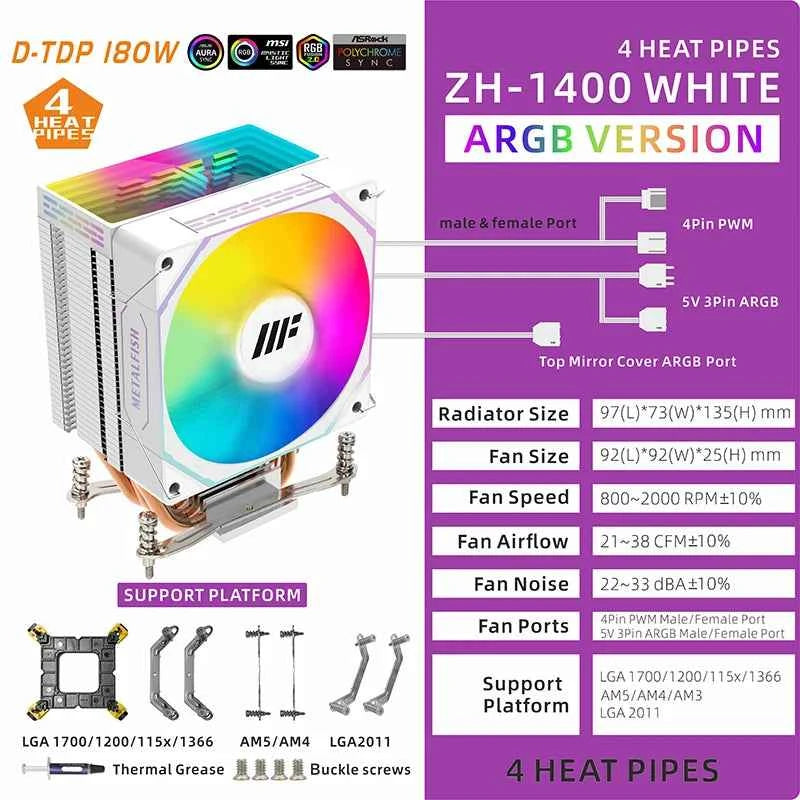 METALFISH CPU Cooler PC White Radiator 4PIN PWM Silent ARGB Fan For Intel 1700 1200 1150 1155 1156 1366 2011 AM5 AM4 AM3 x99 x79
