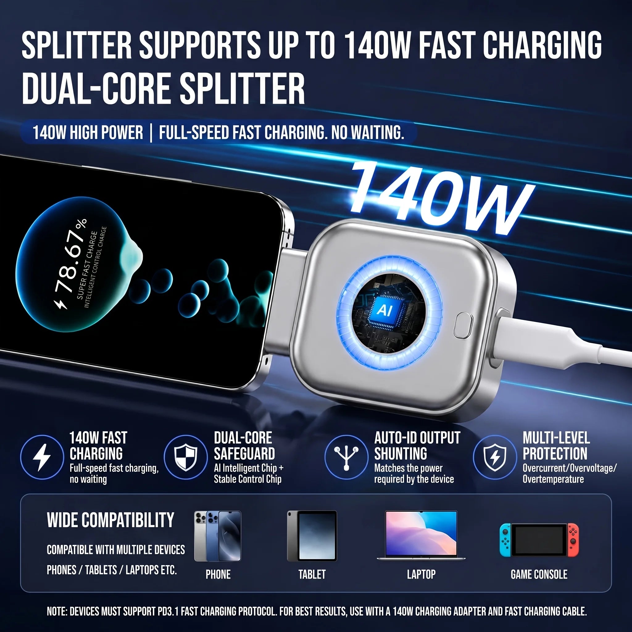 Smart AI Auto Power Off Type-C Fast Charger RGB LED Safe Overnight Charging Device For iPhone 15 Android