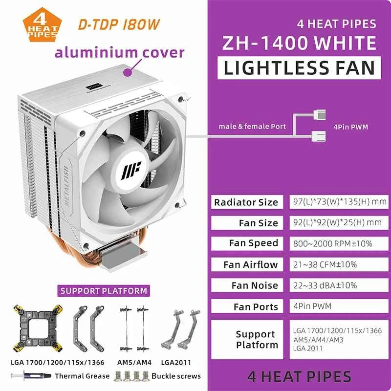 METALFISH CPU Cooler PC White Radiator 4PIN PWM Silent ARGB Fan For Intel 1700 1200 1150 1155 1156 1366 2011 AM5 AM4 AM3 x99 x79