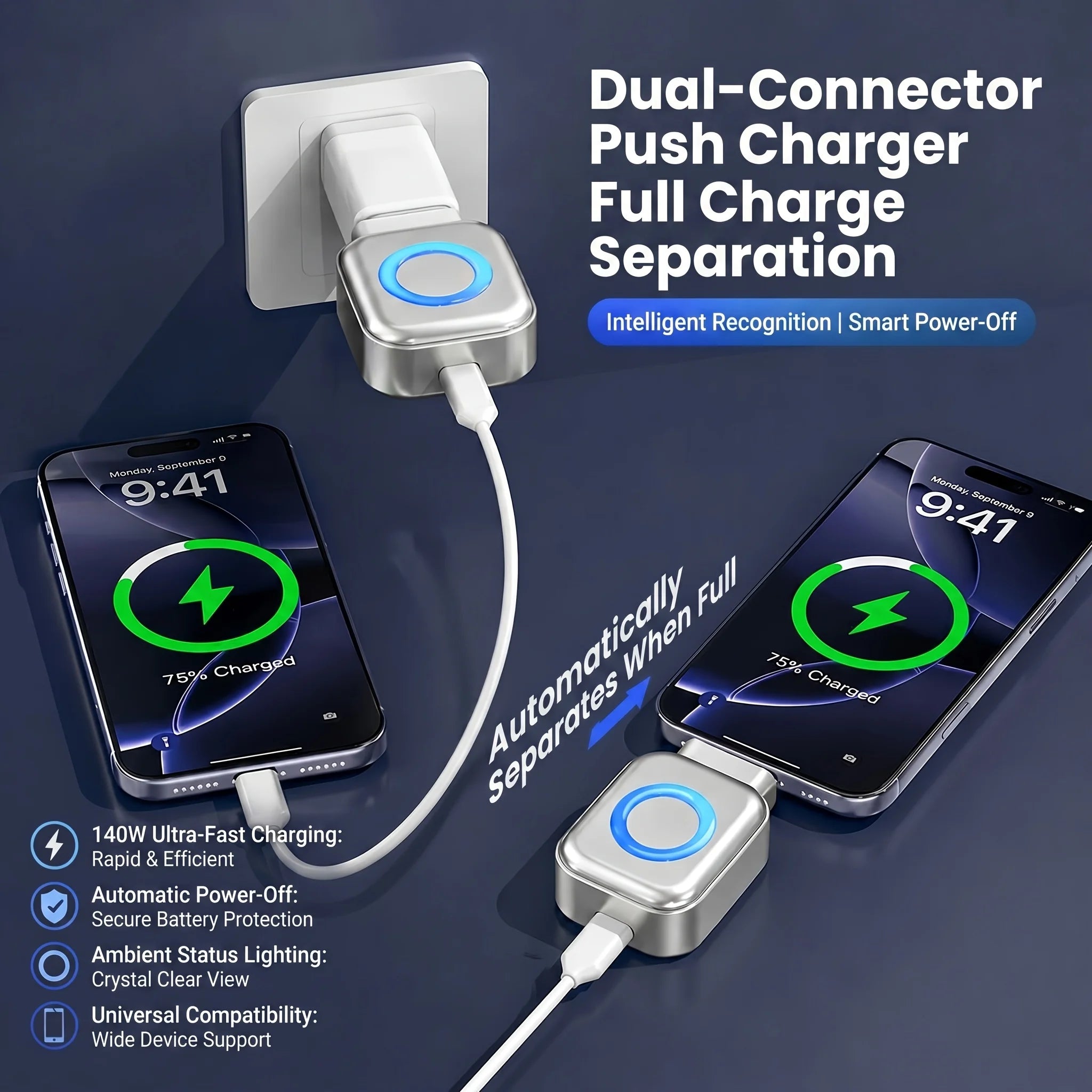 Smart AI Auto Power Off Type-C Fast Charger RGB LED Safe Overnight Charging Device For iPhone 15 Android