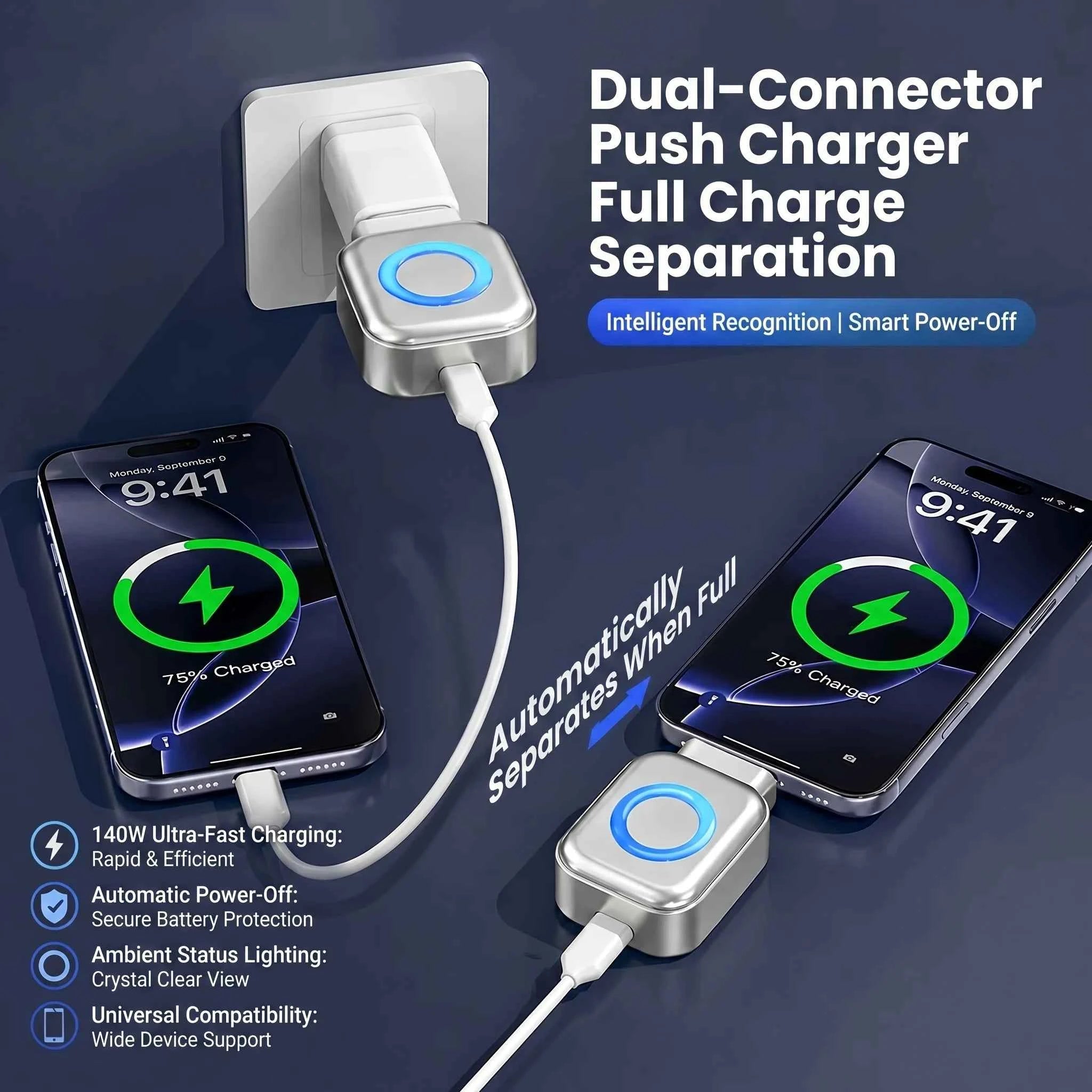 Smart AI Auto Power Off Type-C Fast Charger RGB LED Safe Overnight Charging Device For iPhone 15 Android