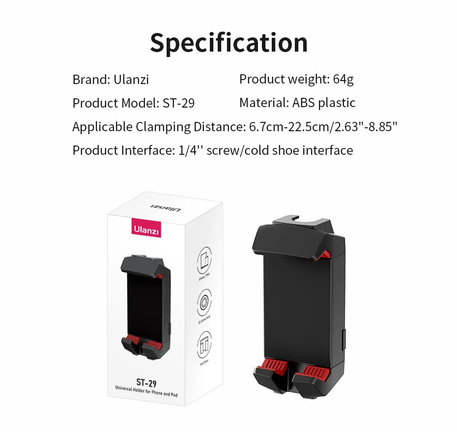 Ulanzi ST-29 Universal Tablet Tripod Mount Stand Phone Holder w Cold Shoe For iPhone 16 15 14 13 12 Horizontal Vertical Shooting