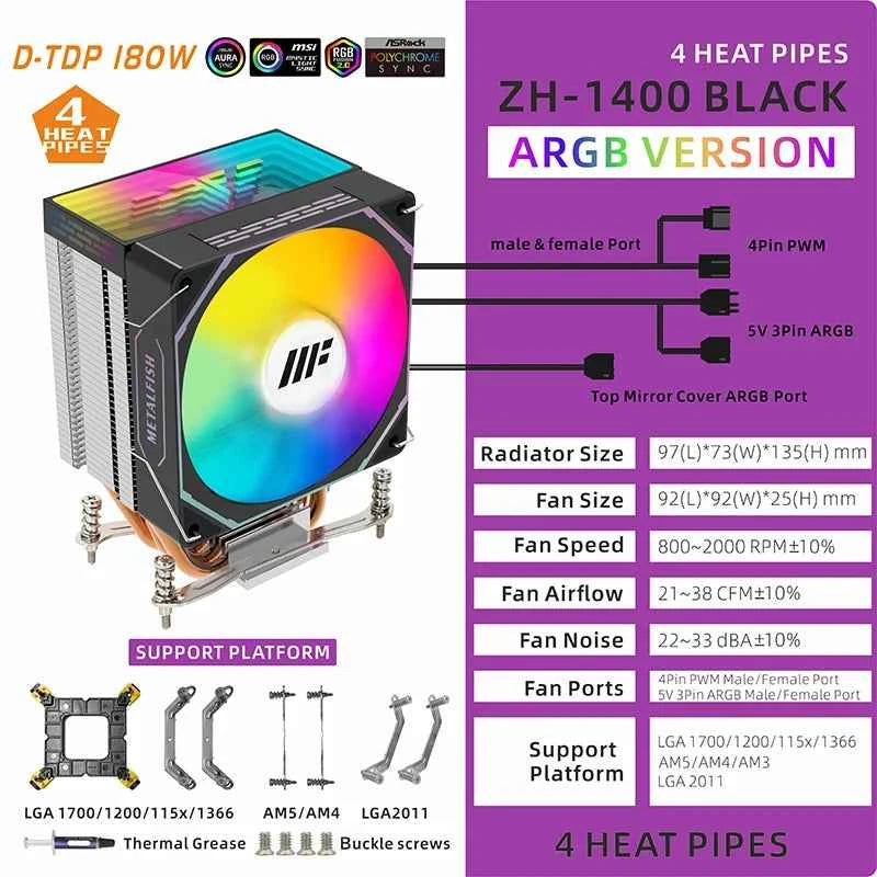 METALFISH CPU Cooler PC White Radiator 4PIN PWM Silent ARGB Fan For Intel 1700 1200 1150 1155 1156 1366 2011 AM5 AM4 AM3 x99 x79