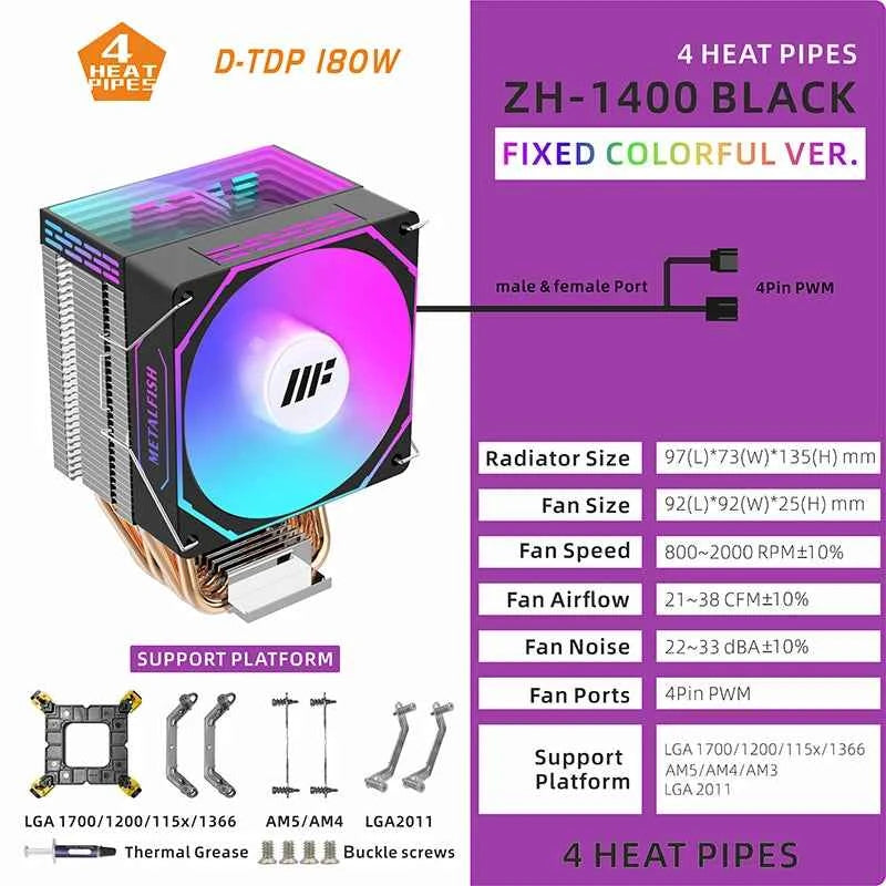 METALFISH CPU Cooler PC White Radiator 4PIN PWM Silent ARGB Fan For Intel 1700 1200 1150 1155 1156 1366 2011 AM5 AM4 AM3 x99 x79
