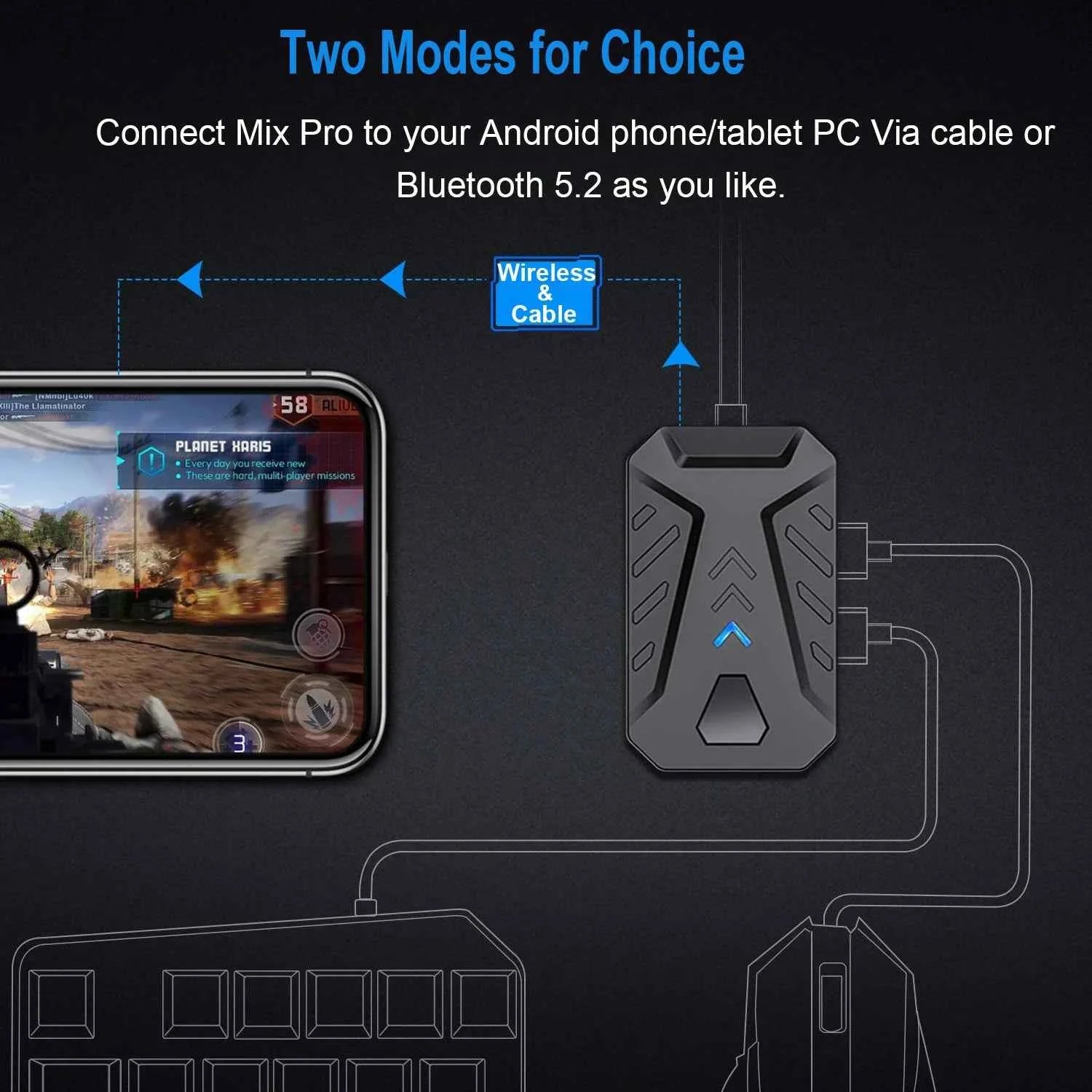 Mobile Games Converter Gaming Keyboard and Mouse Kit One Hand Gamer Keyboard Controller Bluetooth Wired Two Modes Mix Pro for PU