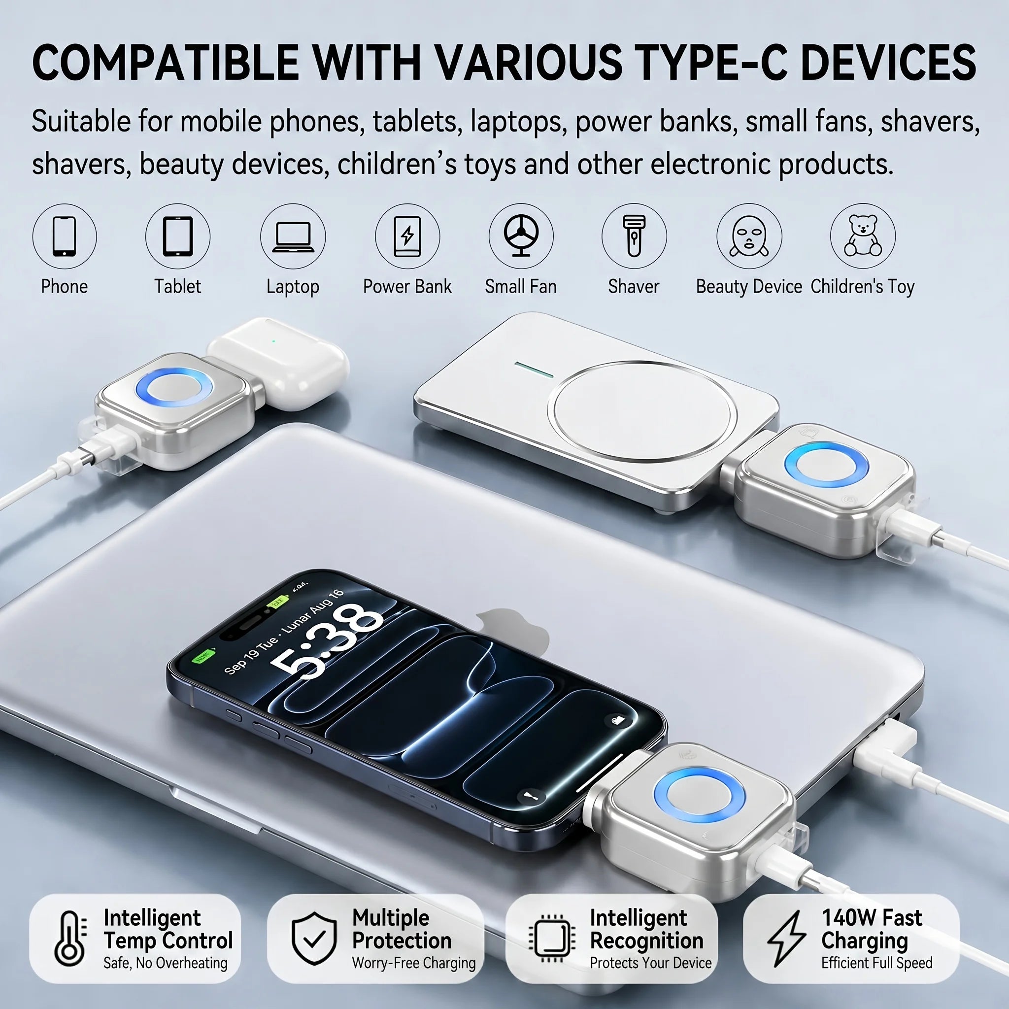 Smart AI Auto Power Off Type-C Fast Charger RGB LED Safe Overnight Charging Device For iPhone 15 Android