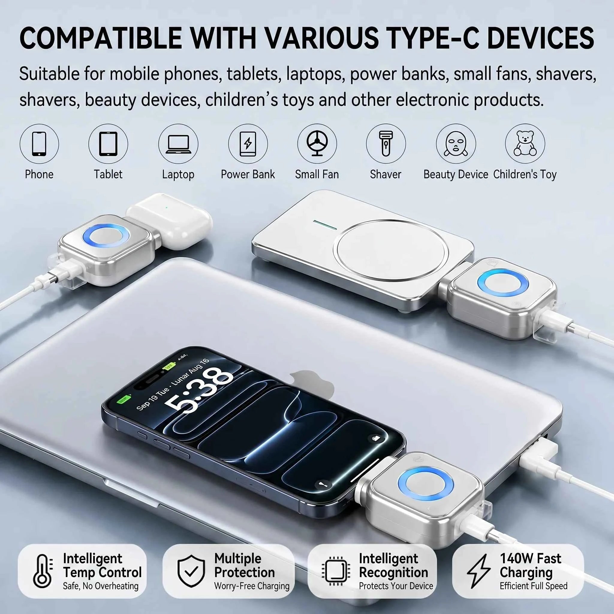 Smart AI Auto Power Off Type-C Fast Charger RGB LED Safe Overnight Charging Device For iPhone 15 Android
