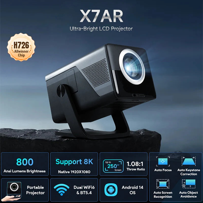 8K Decoding X7 AI Smart Projector with Android 14, UHD 1080P 1000 ANSI Built-in Apps, Auto Focus&Keystone, Home Outdoor Beamer