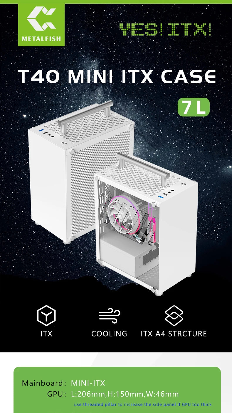 METALFISH T40 Mini ITX Case 7L Acrylic Or Mesh Side Panel and Portable Handle Support SFX PSU/206mm GPU