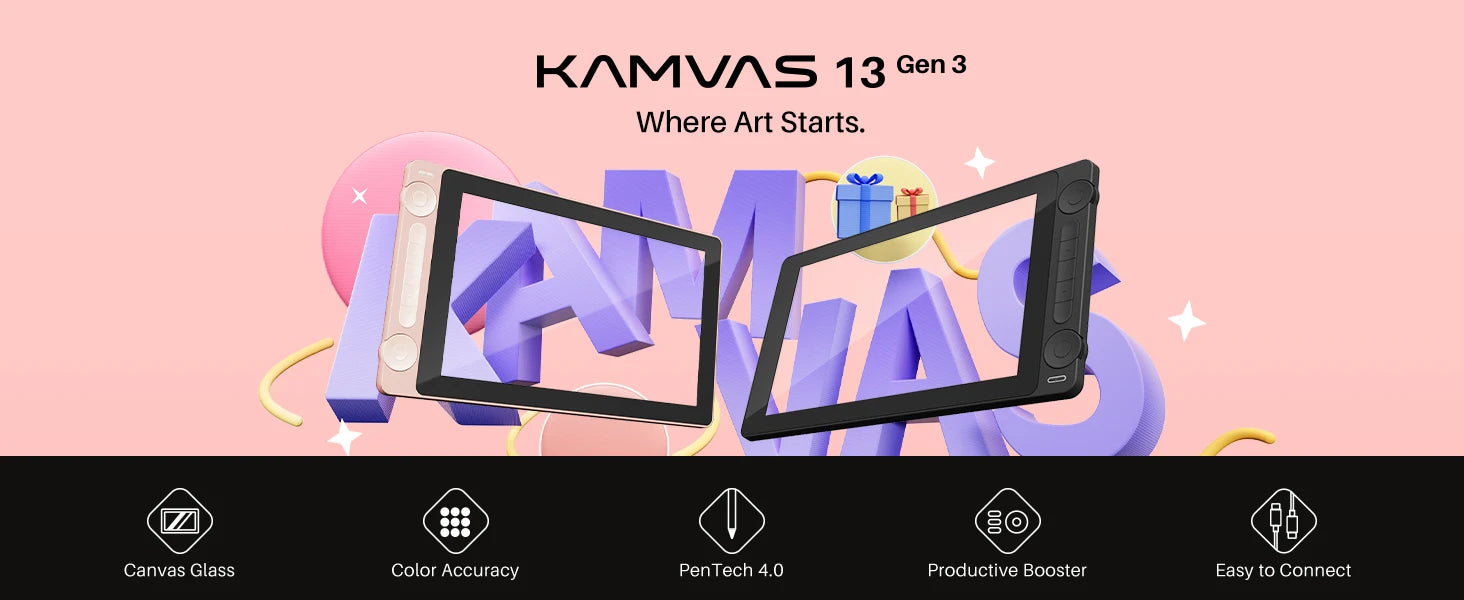 Huion Kamvas 13 (Gen 3) Graphics Tablet with Screen Pentech 4.0 16K Levels Pressure Pen Display Dual Dials 5 Press Keys