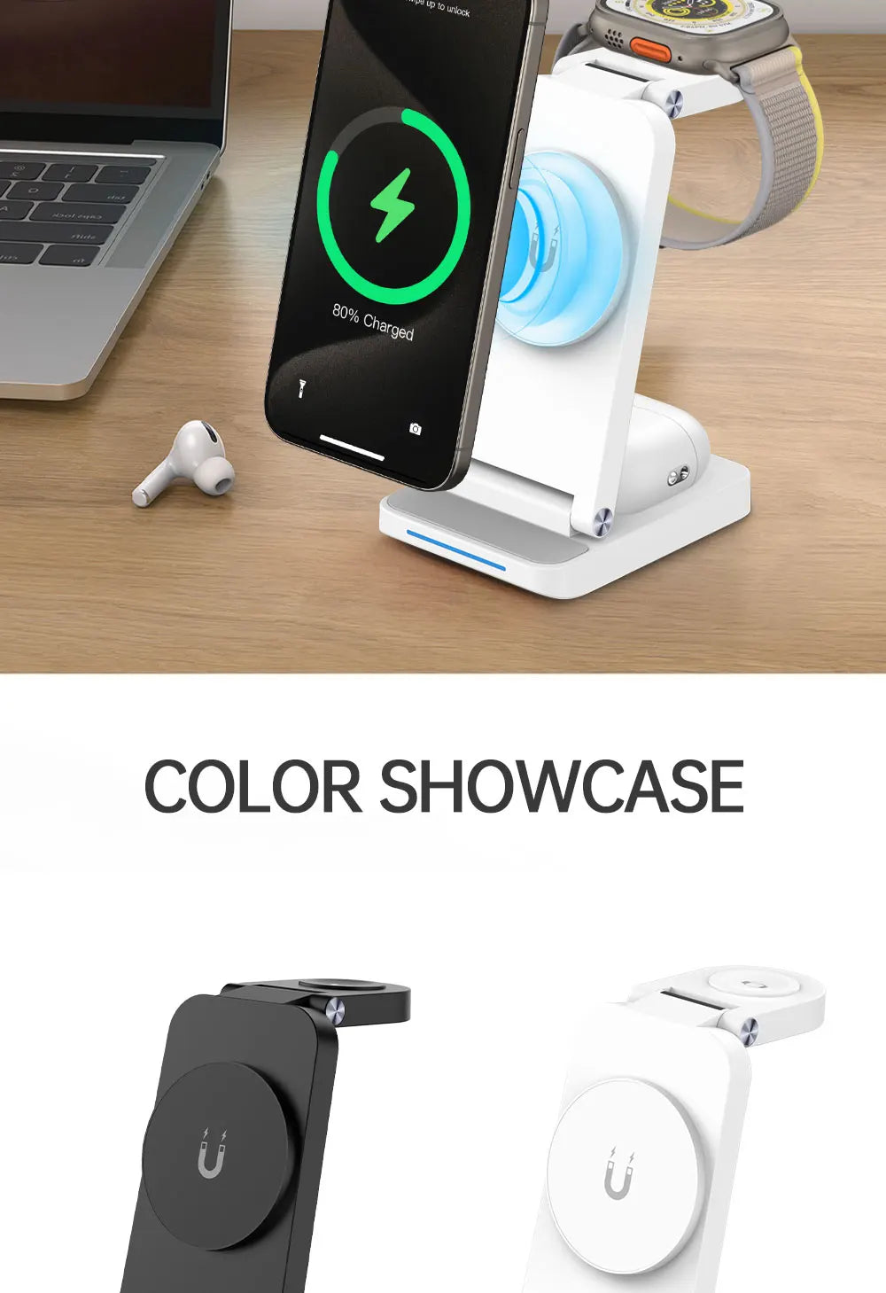 TIMESS 3 IN 1 15W Wireless Charger For iPhone17 16 15 14 PROMAX For Apple Watch Series 11 10-1 For Airpods Pro Charging Station