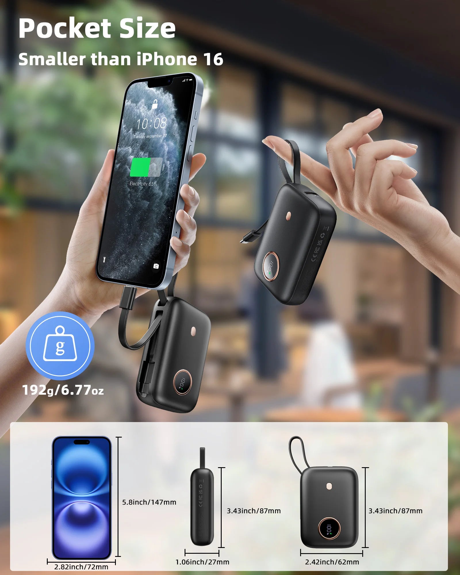10000mAh Mini Power Bank，Ultra Compact Portable Charger with Built-in Cable，22.5W Fast Charger for iPhone Samsung Android.