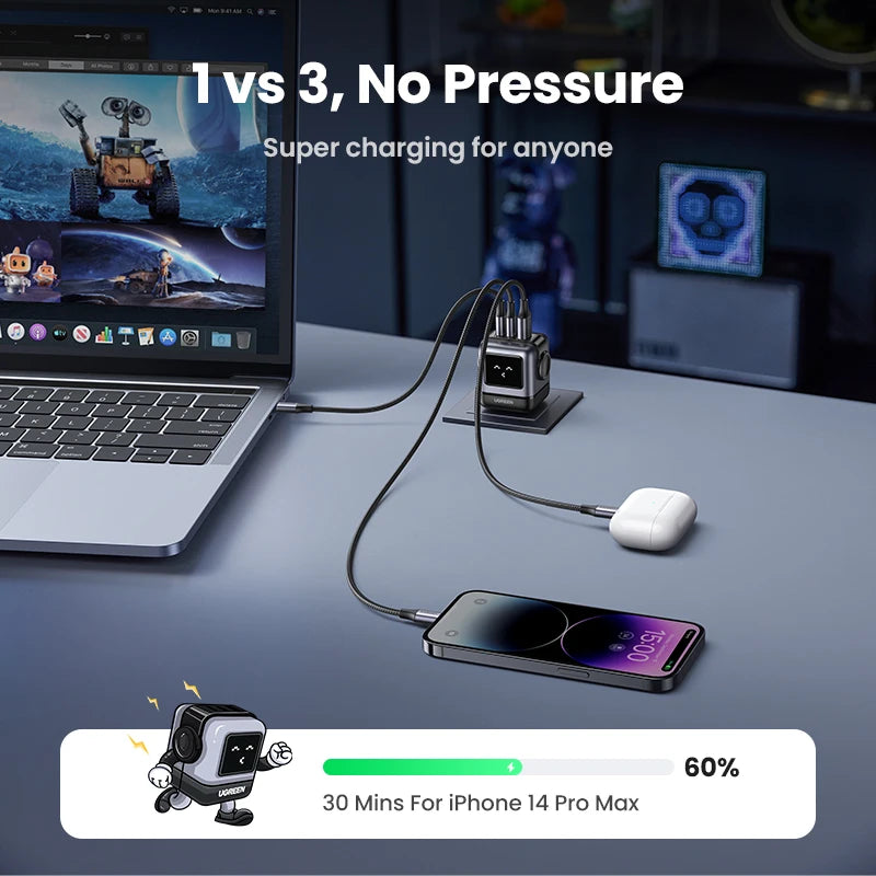【US Plug】UGREEN 65W 30W GaN Charger Robot Design PD3.0 Fast Charger QC4.0 3.0 PPS for iPhone 17 16 15 Pro Macbook Laptop Table