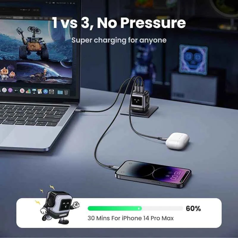 【US Plug】UGREEN 65W 30W GaN Charger Robot Design PD3.0 Fast Charger QC4.0 3.0 PPS for iPhone 17 16 15 Pro Macbook Laptop Table