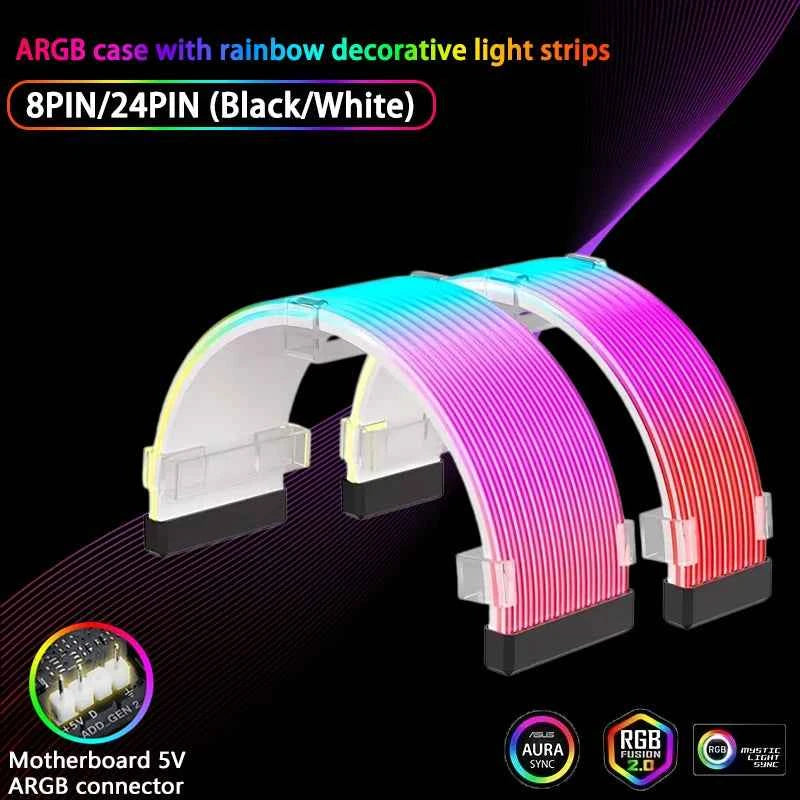5V ARGB Rainbow 24Pin 8Pin PSU Extension Cable, ARGB LED Sync ATX Gaming PC Case Decor Light Strip