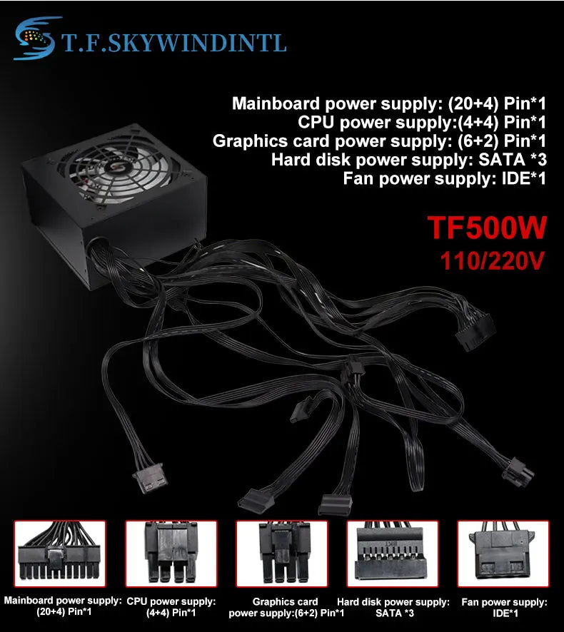 Fonte 500w PSU12V PC Power Sources For Office 500W 24pin ATX Computer Power Supply PSU 500W PC Gaming Power PC Gamer Source Game