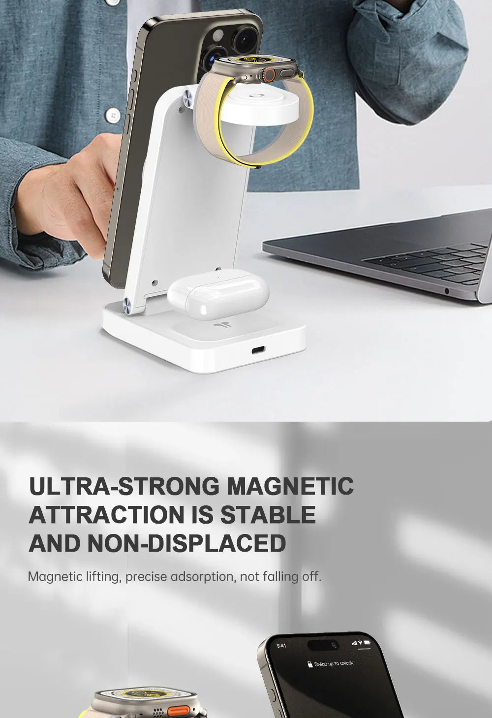 TIMESS 3 IN 1 15W Wireless Charger For iPhone17 16 15 14 PROMAX For Apple Watch Series 11 10-1 For Airpods Pro Charging Station
