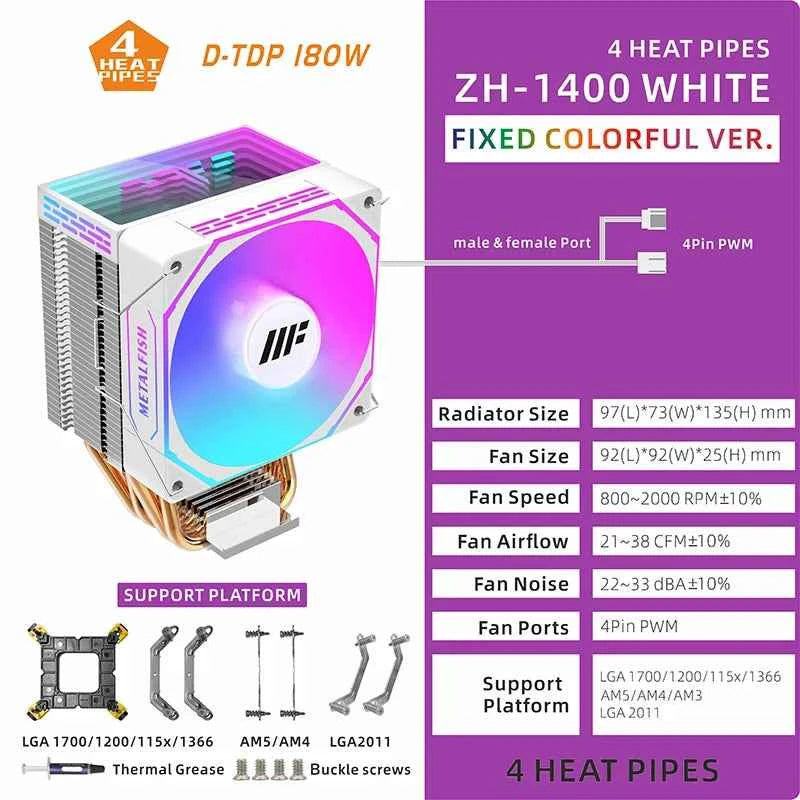 METALFISH CPU Cooler PC White Radiator 4PIN PWM Silent ARGB Fan For Intel 1700 1200 1150 1155 1156 1366 2011 AM5 AM4 AM3 x99 x79