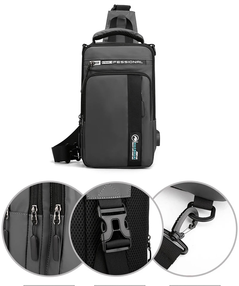 Men Small Backpack Chest Pack Shoulder Bag with USB Charging Port Travel Male Waterproof Nylon Sling Messenger Cross body Bags