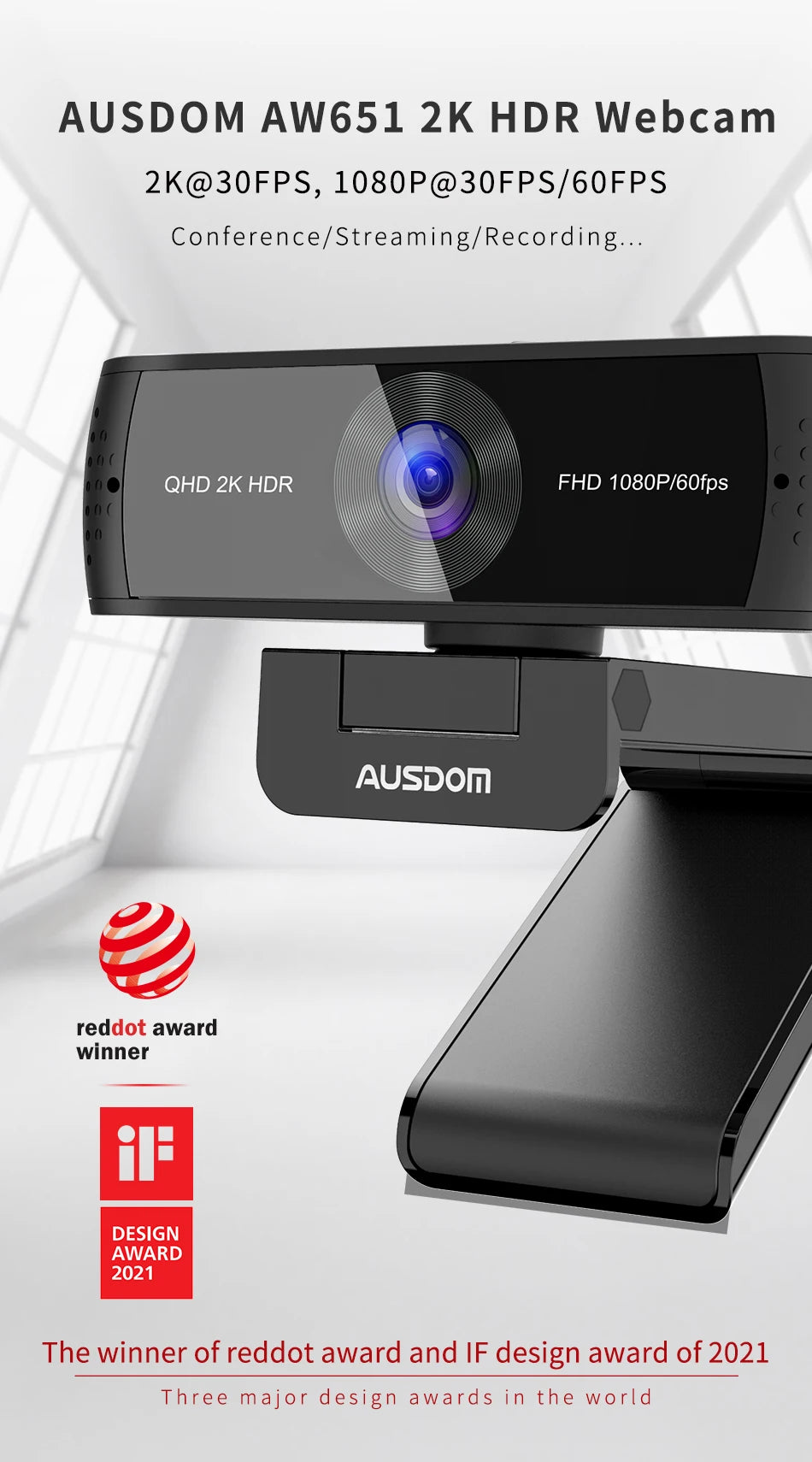 AUSDOM AW651 QHD 2K HDR 30FPS Webcam Autofocus 1080P 60FPS Web Camera With Noise-cancelling Mics and Free Privacy Cover for Live