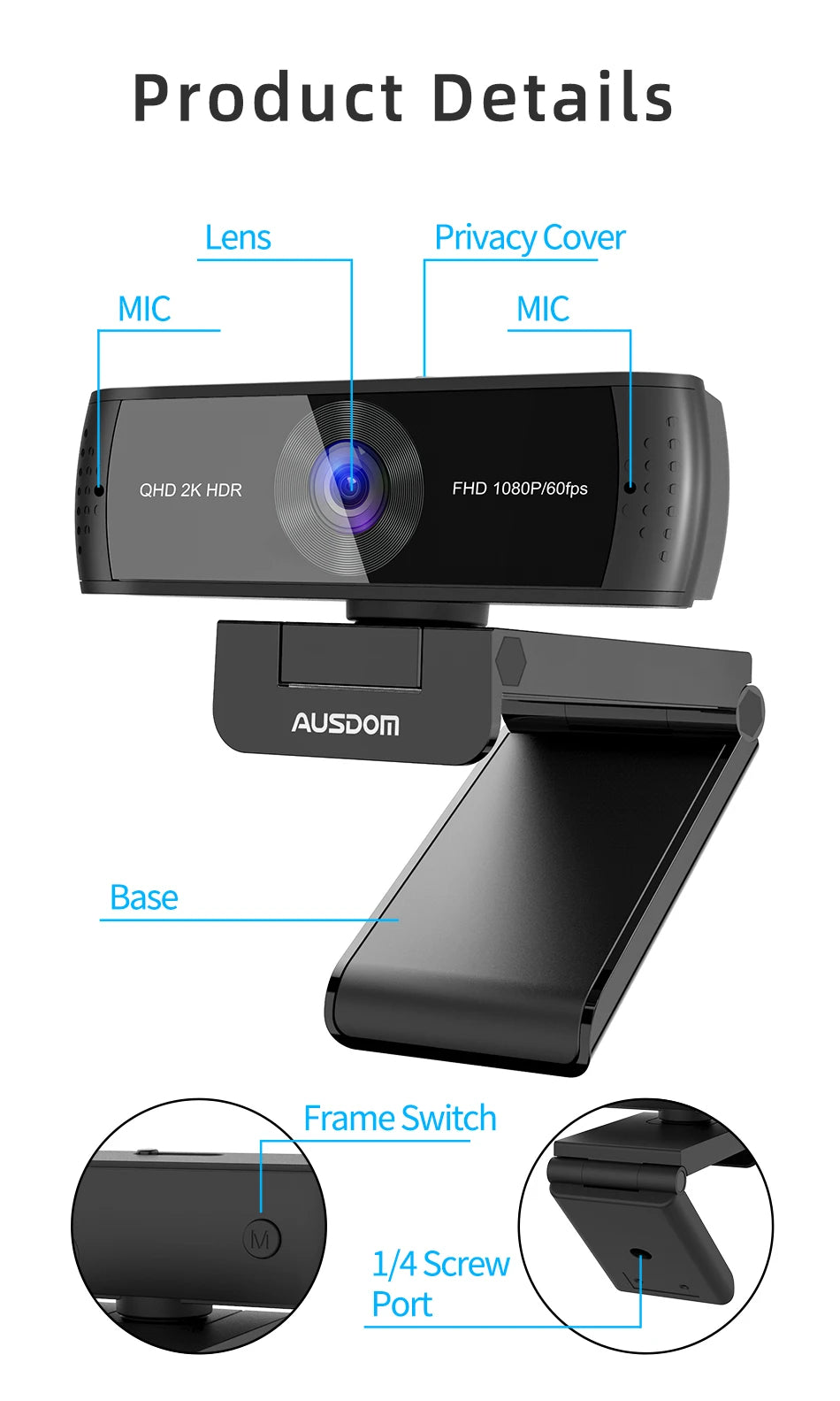 AUSDOM AW651 QHD 2K HDR 30FPS Webcam Autofocus 1080P 60FPS Web Camera With Noise-cancelling Mics and Free Privacy Cover for Live