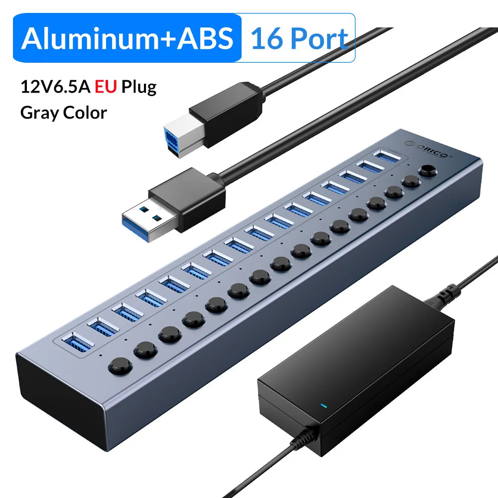 ORICO Powered USB 3.0 HUB 7/10/13/16 Ports USB Extension with On/Off Switches 12V Power Adapter Support BC1.2 Charging Splitter