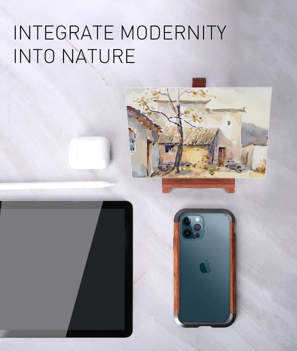 High Quality Natural Wood Phone Case for iPhone 14 13 12 11 Pro Max Mini XR XS Max X 7 8 SE Aluminum Metal+Wood Bumper Cover