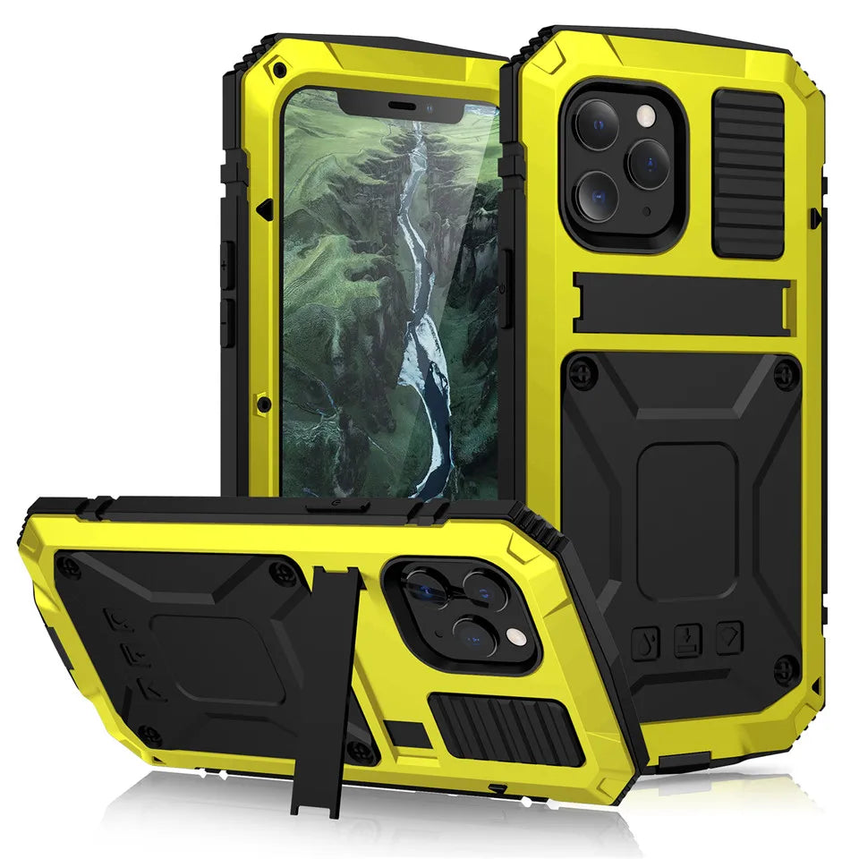 for iPhone 14 13 12 Pro Max Mini 11 Pro Max Case Full-Body Rugged Armor Shockproof Protective Kickstand Aluminum Metal Cover