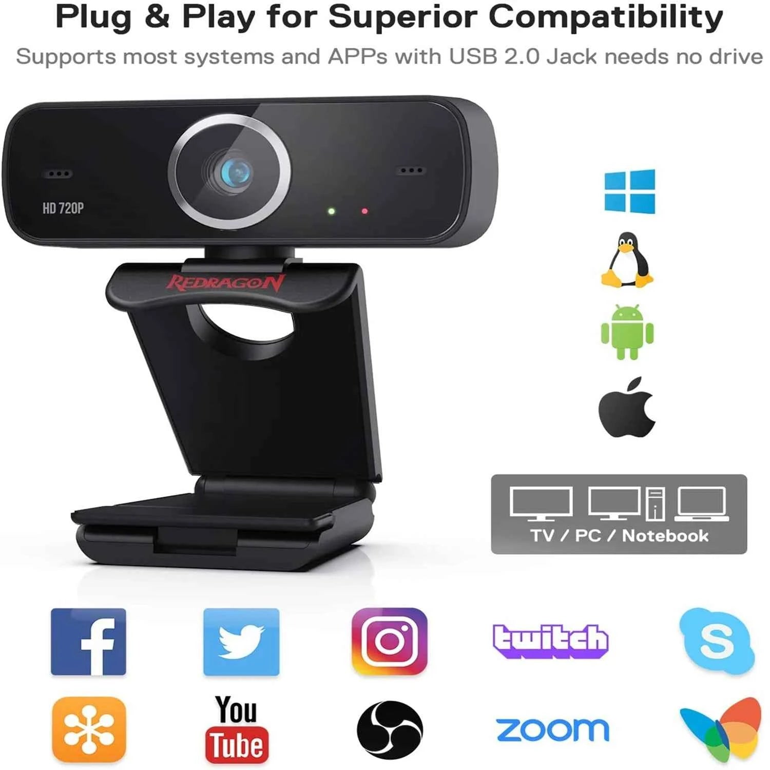 Redragon GW600 720P Webcam Built-in Dual Microphone Computer Web Camera For Online Courses Video Conferencing Streaming
